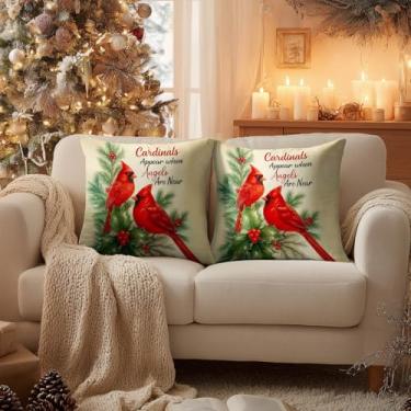 Imagem de HOMETITUTE Capas de almofada de Natal 45,7 x 45,7 cm, conjunto de 2 capas de almofada decorativas macias de pássaros cardeais, férias, inverno, anjos, memorial, para sofá, cama, decoração de sala de