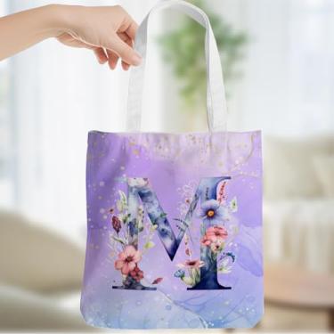 Imagem de Presentes personalizados para mulheres, monograma, presentes de aniversário para mulheres, esposa, irmã, damas de honra, Natal, inicial M, sacola de lona, ombro de praia, reutilizável, sacola de
