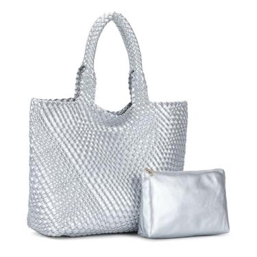 Imagem de K.EYRE Bolsas de tecido para mulheres extragrande moda bolsa de couro tecida bolsa de praia designer bolsas de trabalho para mulheres 2 peças, Prata, Large