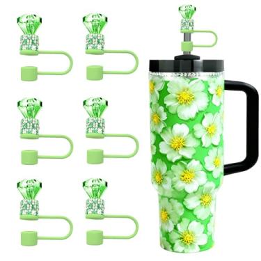 Imagem de JIASHEBDE Conjunto de topo de palha de diamante para Stanley Cup 850 g 1,134 g, tampas de strass brilhantes, capas de silicone reutilizáveis à prova de poeira para presentes femininos (6 peças verde)