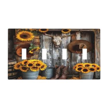 Imagem de BHGAHD Capa decorativa de placa de interruptor com chapéu de girassol ocidental design de porta de celeiro de madeira 4 gangues placa de parede artística exclusiva para interruptor de luz quádrupla