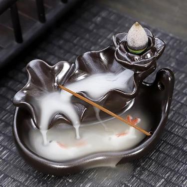 Imagem de Queimador de incenso de refluxo de cerâmica, decoração criativa para casa, queimador de incenso artesanal em forma de peixe, aproveite o aroma de sândalo (C-9 Lotus Lime - marrom)