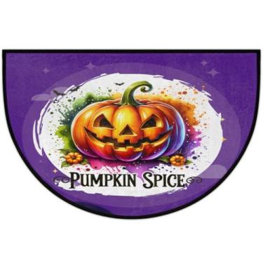 Imagem de Tapete de porta meio redondo, roxo, abóbora, Halloween, antiderrapante, absorvente, semicírculo, tapetes laváveis, meia lua, para ambientes internos, pátio, cozinha, banheiro, entrada, lareira