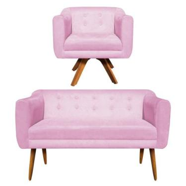 Imagem de Sofá Namoradeira e 1 Poltrona Julia Giratória Madeira Suede Rosa Bebê 