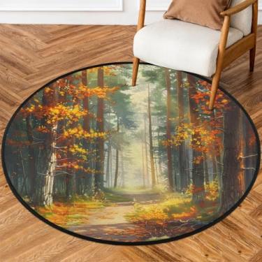 Imagem de Tapete redondo de 1,5 m floresta com folhas de sol tapetes circulares antiderrapantes laváveis tapete de porta circular para quarto interno, berçário, sala de estar, cozinha, banheiro, entrada