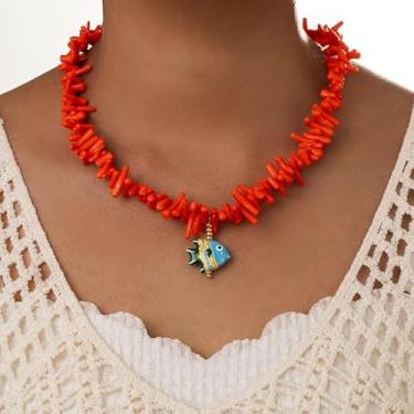 Imagem de Colar de peixe para mulheres, gargantilha vermelha, contas de acrílico, estrela-do-mar, pingentes fofos, joias, presentes de amizade, presentes de Natal, Dia dos Namorados, Medium, Latão, Sem Pedra