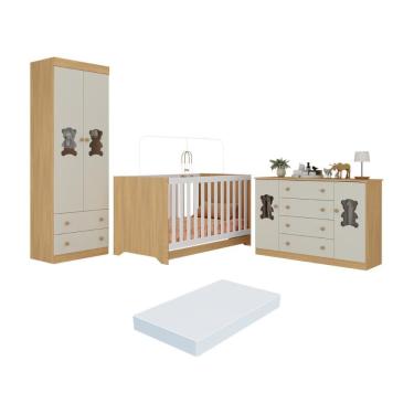 Imagem de Quarto De Bebê Completo Berço Americano 3 Em 1 Colchão Teddy Multimóveis MP4672 Madeirado-off White