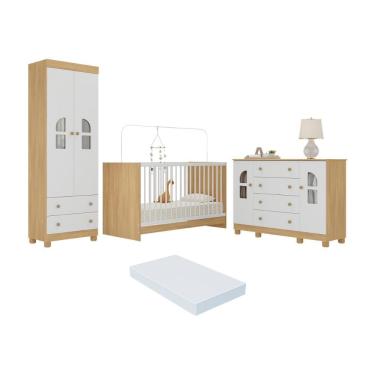 Imagem de Quarto De Bebê Completo Com Berço 3 Em 1 Colchão Incluso Nina Multimóveis MP4578 Madeirado-branco