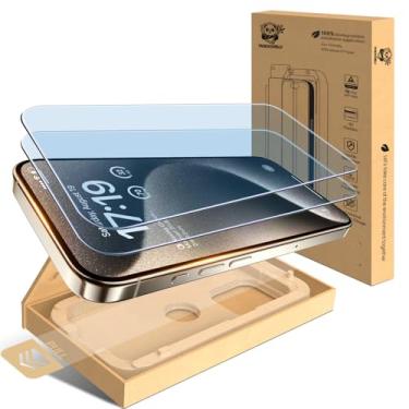 Imagem de PandaShield - Pacote com 2 protetores de tela anti-luz azul para iPhone 15 Pro Max 9H película de vidro temperado [instalação rápida de eliminação automática de poeira], sem bolhas, anti-impressão