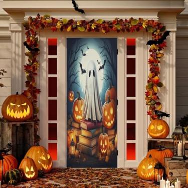 Imagem de Wassud Decoração de capa de porta Halloween Boo banner interno externo decoração de casa de varanda grande decoração de porta da frente 81 x 189 cm