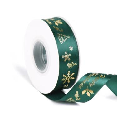 Imagem de 1 rolo de fitas de embrulho de presente de Natal - fita impressa em cetim de poliéster verde vermelho (10 mm x 25 m, 25 mm x 25 jardas) para decorações de Natal