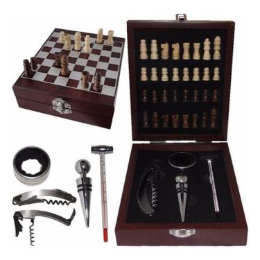 Imagem de Kit Abridor De Vinho 4 Peças Maleta E Jogo Xadrez De Madeira