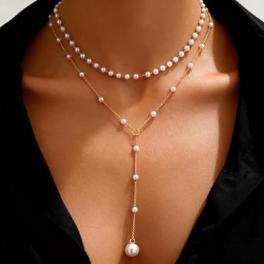 Imagem de Colar feminino versátil em forma de Y - elegante colar de borla de pérola falsa de camada dupla para mulheres - uso diário e festas, Medium, Cobre, Sem Pedra Preciosa