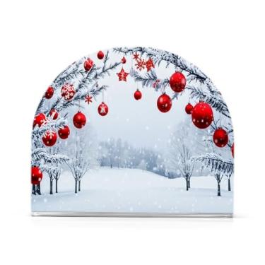 Imagem de Qilmy Suporte de guardanapo de acrílico com bola de Natal lindamente vermelha, porta-guardanapos para mesas cozinha restaurante decoração de casa, suporte decorativo moderno para guardanapos de