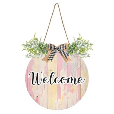 Imagem de Burbuja Placa de boas-vindas de madeira rosa gasta, decoração de porta da frente, placa de boas-vindas pendurada com flor para porta, parede, casa, casa de fazenda, varanda, decoração de feriados, 30