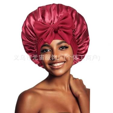 Imagem de Touca de cetim vermelho com scrunchie, touca grande de seda para cuidados com o cabelo, capa de cabelo de cetim para mulheres e meninas