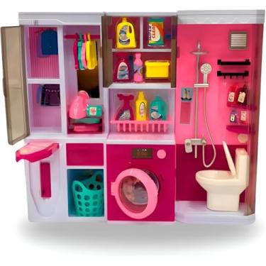 Imagem de Kit Lavanderia Infantil com Luz e Som, Banheiro Miniatura Rosa, 36x32x7cm, Acessórios Realistas, Brinquedo Educativo para Crianças +5 Anos, Funciona com 2 Pilhas AA