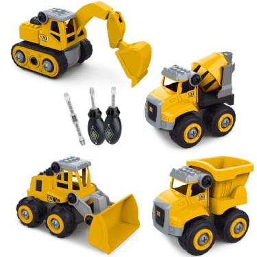 Imagem de Kit 4 Carrinhos Trator Caminhão Escavadeira Monta Desmonta Com Ferramenta E Parafuso Caminhão Personagem Construtor Kizumba