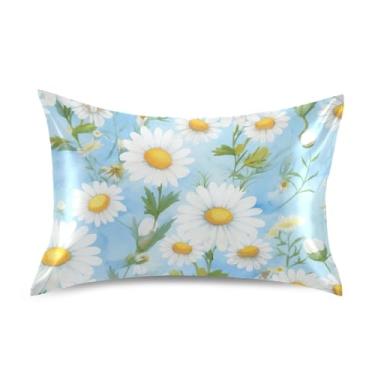 Imagem de Fronhas refrescantes engraçadas personalizadas padrão Queen King fronha de cetim para pele de acne tamanho Queen 76.2 cm x 50.8 cm Margaridas brancas folhas verdes