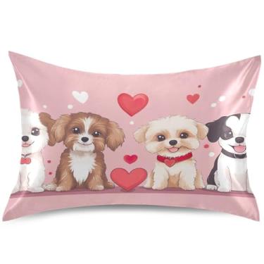 Imagem de Capas de almofada românticas de cetim com estampa de corações de cachorrinho romântico com estampa fofa padrão Queen King para presentes de cama confortáveis, tamanho Queen, 76 cm x 50 cm