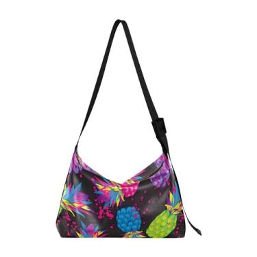 Imagem de Bolsa Hobo de Couro PU Macio Bolo de Flor Rosa Bolsa Masculina Bolsa de Ombro com Estampa de Folha Adorável, Aquarela, abacaxi, preto