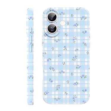Imagem de FBHGLOA Capa de telefone para iPhone 16 de 6,1 polegadas, linda flor guingão azul, estética, moderna, bonita, xadrez, capa para mulheres e meninas, de silicone macio, fina, TPU (poliuretano