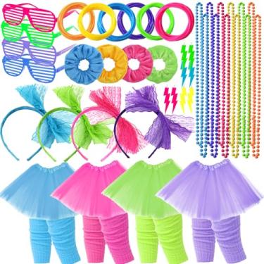 Imagem de YAROMO Conjunto de 80 peças de acessórios de fantasia dos anos 80, inclui colar de brinco, saias tutu, pulseira, aquecedor de perna para mulheres, roupa feminina, festa de aniversário dos anos 80