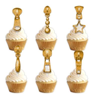 Imagem de 18 peças de aba de puxar com zíper dourado com glitter, enfeite de cupcake, tema Cheer to Zip Head, palitos de decoração de festa de aniversário para homens e mulheres, conjunto de suprimentos de