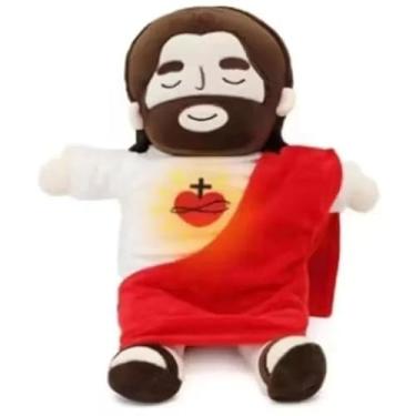 Imagem de Pelúcia Jesus Respirando com Música e Luzes, Figura Relaxante para Alívio da Ansiedade, Brinquedo Interativo com 4 Modos