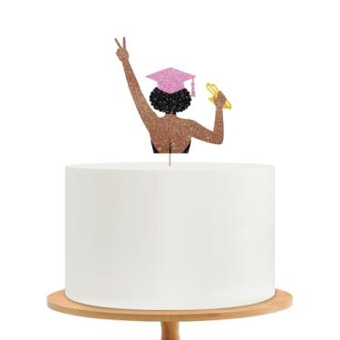 Imagem de Topo de bolo de formatura para meninas, enfeite de bolo acadêmico, glitter preto e rosa 2026 Topper de bolo para decoração de festa de formatura de faculdade