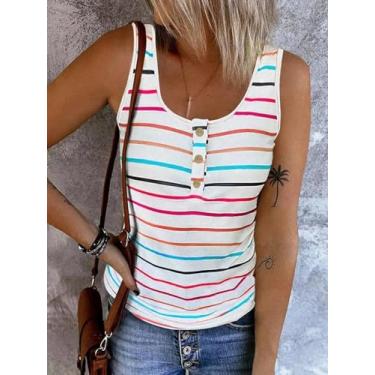 Imagem de Regata feminina listrada multicolorida sem mangas - camiseta casual com botões Henley, Colorido., Small
