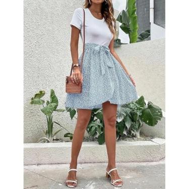 Imagem de Vestido midi floral branco e azul feminino - vestido de verão de manga curta gola redonda e cintura alta, Azul-celeste, X-Large