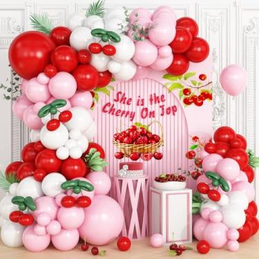 Imagem de Kit de arco de guirlanda de balão de cereja, balões longos vermelhos rosa branco e verde para aniversário, ela é cereja no topo, decorações de festa de casamento