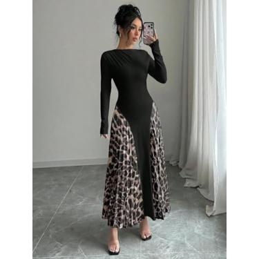 Imagem de Vestido maxi feminino preto e estampa de leopardo – vestido midi plissado colado ao corpo de manga comprida, Estampa de leopardo, M