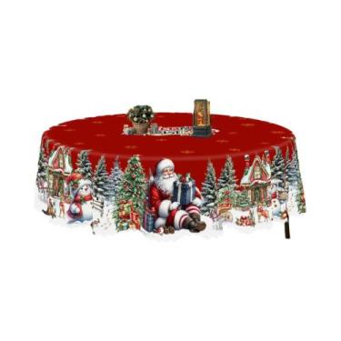 Imagem de Toalha De Mesa De Natal Vermelha Com Papai Noel E Boneco De Neve, Redo