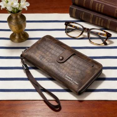 Imagem de Carteira masculina retrô, marrom claro, vários compartimentos, padrão de verificação magnética, microfibra durável, design retrô marrom claro com vários compartimentos com fecho magnético, padrão