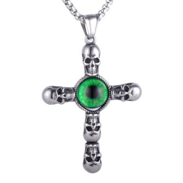 Imagem de Colar masculino e feminino com pingente de cruz de caveira olho de diabo com contas de resina verde, aço inoxidável 316L, corrente quadrada de pérola de aço inoxidável prata, joia vintage de amuleto