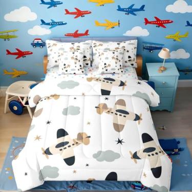 Imagem de Erosebridal Jogo de cama de casal de 7 peças, avião, desenho animado de avião, para crianças e adultos, céu branco, nuvens