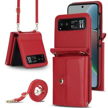 Imagem de Capa carteira para Motorola Razr 40, porta-cartões com bloqueio RFID e alça destacável, couro durável e TPU, 4 compartimentos para cartão, proteção contra quedas, capa flip com suporte para uso diário