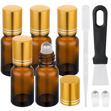 Imagem de Segbeauty Frascos de vidro âmbar de 9,6 g de espessura para óleos essenciais, 5 frascos pequenos de rolo de óleo vazios para essência dos olhos, aplicador de bola de rolo recarregável de viagem de 10