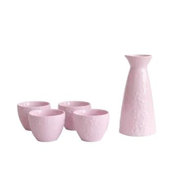 Imagem de Conjunto de saquê, design tradicional pintado à mão porcelana cerâmica copos de cerâmica artesanato taças de vinho 5 peças, garrafa de saquê decoração de casa, artesanato, rosa