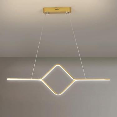 Imagem de Luminária pendente geométrica linear de 35,4 polegadas, em metal dourado com cúpula de acrílico, lustre ultrafino para sala de jantar, luminárias de suspensão LED modernas, luminárias suspen