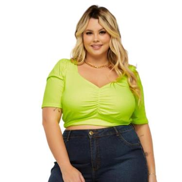 Imagem de Cropped c Decote Franzido Blusa c Manga Plus Size Blusinha - Gringa, V