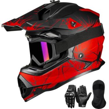 Imagem de ILM Capacetes de bicicleta suja adultos homens mulheres motocross ATV capacete off-road com óculos luvas máscara DOT modelo WS901 (preto vermelho, G)