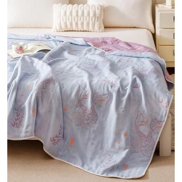 Imagem de MEJU Cobertor fofo para crianças, meninas, azul sereia, para cama, sofá, sofá, 100% musselina, 6 camadas, macio, quente, colcha para carro, cobertor de cama solteiro 152 x 203 cm