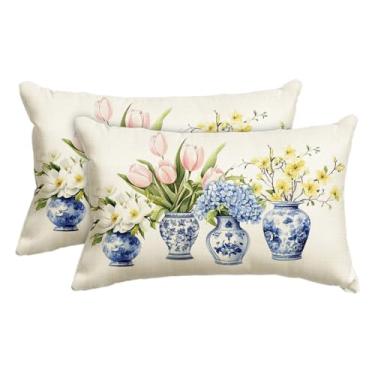 Imagem de AVOIN colorlife Capa de almofada chinoiserie de vaso de porcelana azul e branca, 30 x 50 cm, flores de primavera de Natal, tulipa hortênsia, capa de almofada para sofá conjunto de 2