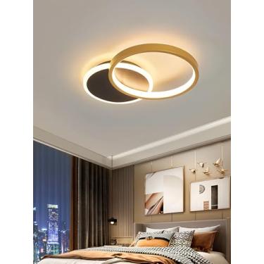 Imagem de Luminária de teto LED moderna em formato de anel, dimerizável (3000-6000K), em metal e acrílico, com controle remoto, para instalação embutida, ideal para escritórios, quartos e salas de jan