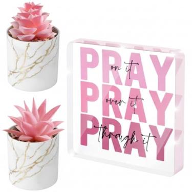 Imagem de Gaillty Conjunto de 3 peças inspiradoras de decoração de quarto rosa inclui 1 placa para orar sobre ele, 2 plantas suculentas artificiais rosa, presentes cristãos, dormitório, banheiro, quarto