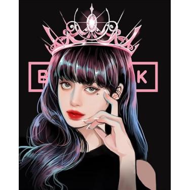 Imagem de BDYLYS Kit de tinta rosa preta por números para adultos com tintas e pincéis, tela não tecida sem moldura, 40 x 50 cm, arte temática K-Pop DIY para iniciantes, ideal para decoração de parede de casa e