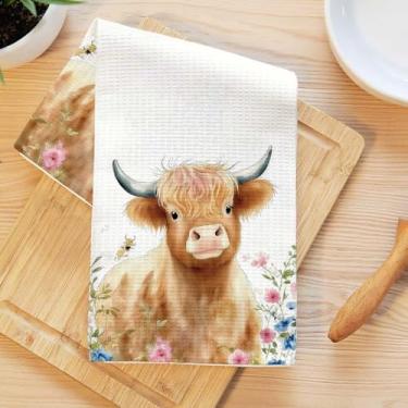 Imagem de Toalhas de cozinha de vaca rústicas, flores artísticas decorativas absorventes pano de prato de microfibra toalha de chá, toalhas de mão macias waffle para casa de fazenda, casa de banho, presentes de